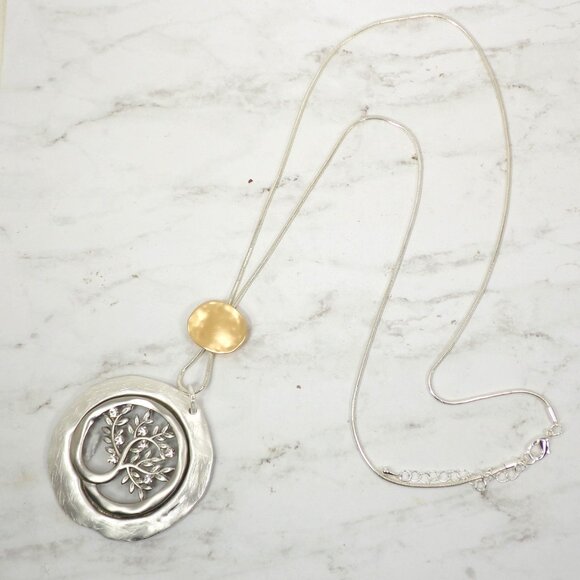 Tree of life large round pendant necklace with carved tree leaves center 2.65" - Picture 7 of 13